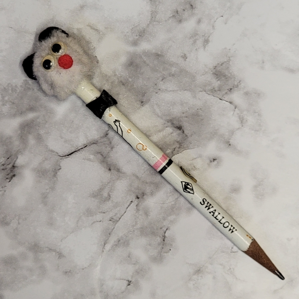 VTG Swallow Pencil Fuzzy Topper Animal Googly Eyes Bear Graphic Hong Kong 200 HB